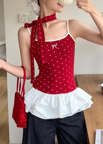 Rotes Rüschen Sommer Tank Niedliche Falten Patchwork Dot