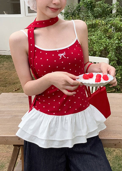 Rotes Rüschen Sommer Tank Niedliche Falten Patchwork Dot