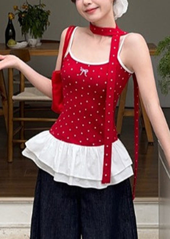 Rotes Rüschen Sommer Tank Niedliche Falten Patchwork Dot