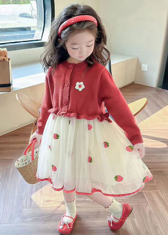 Süßes rotes Rüschen-Tüll-Patchwork-Strick-Mädchen-langes Kleid Herbst XZ050