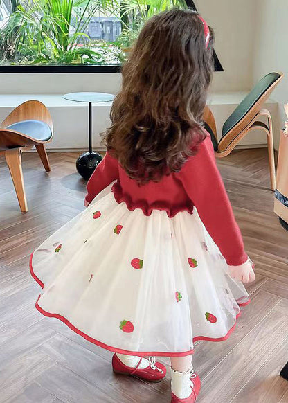 Jolie robe longue en tulle à volants rouge pour fille en tricot patchwork automne XZ050