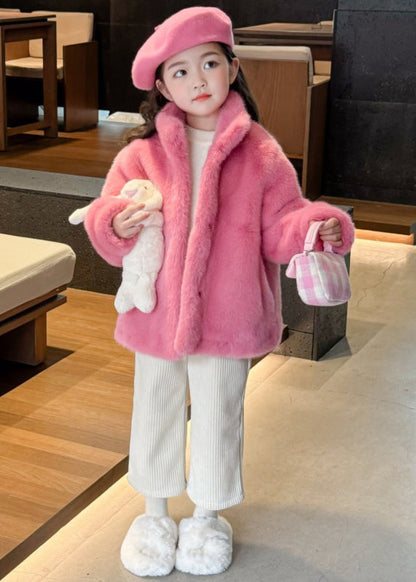 Manteau en velours et vison pour fille, joli col montant rose, hiver TG022