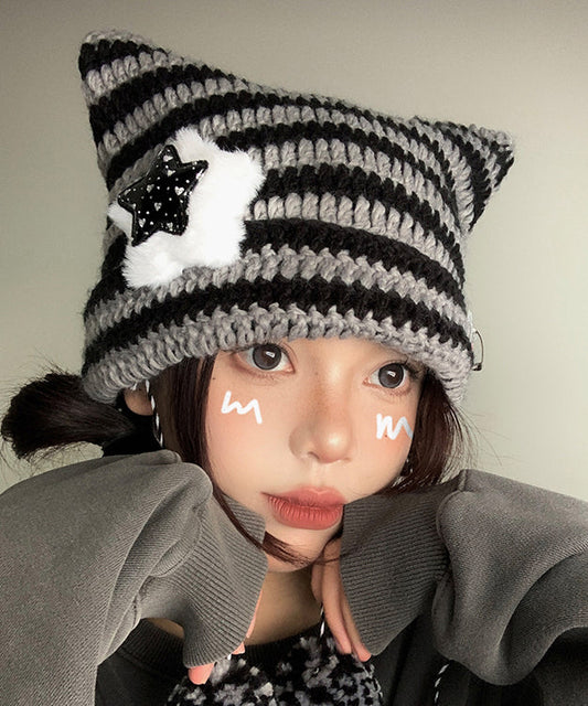 Cute Striped Knitted Cat Ear Boonie Hat Autumn And Winter WI024