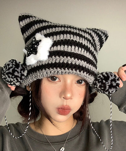 Joli bonnet boonie tricoté à rayures avec oreilles de chat pour l'automne et l'hiver WI024