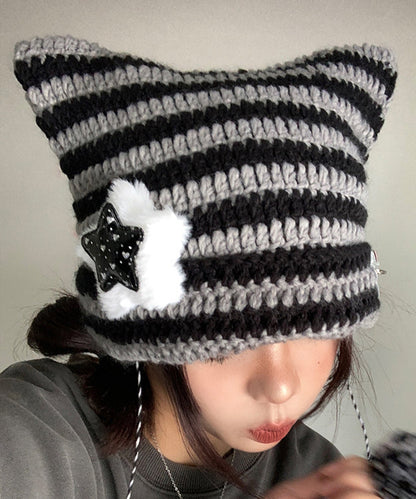 Joli bonnet boonie tricoté à rayures avec oreilles de chat pour l'automne et l'hiver WI024