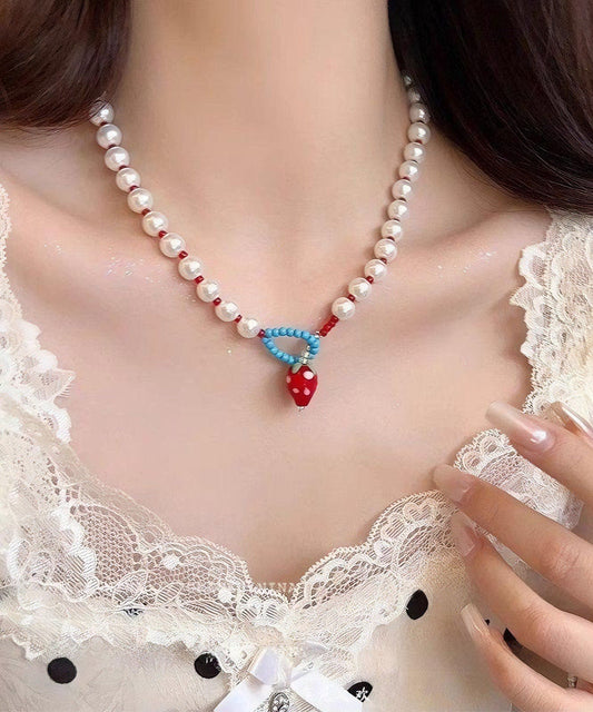 Princess Pearl Alloy Necklace Strawberries White Cute