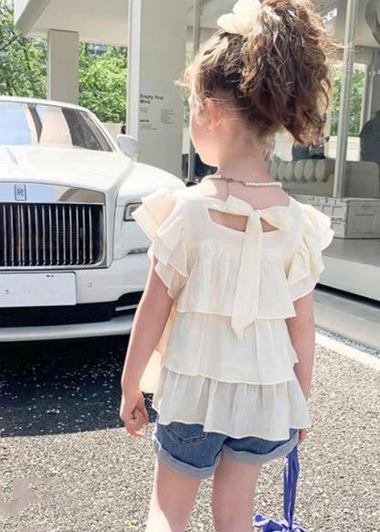 Chemise blanche à col carré et patchwork pour enfants, été SS1014