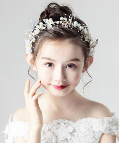 Jolie couronne florale en tulle blanc avec perles pour enfants IU042