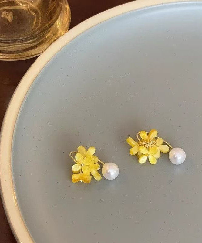 Hoop Earrings Floral Acrylic Pearl Cute Copper Yellow