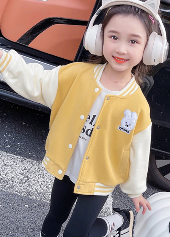 Cute Yellow O-Neck Print Button Kids Coats Fall QV037