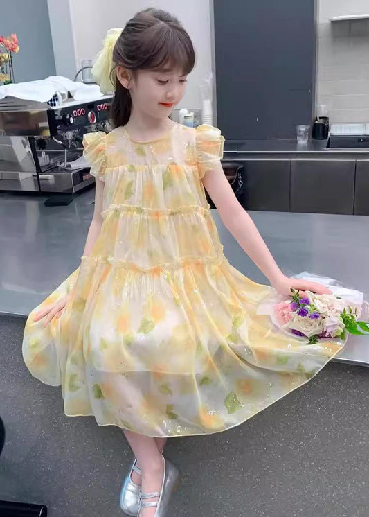 Cute Yellow O-Neck Ruffled Chiffon Girls Long Dress Summer TT021