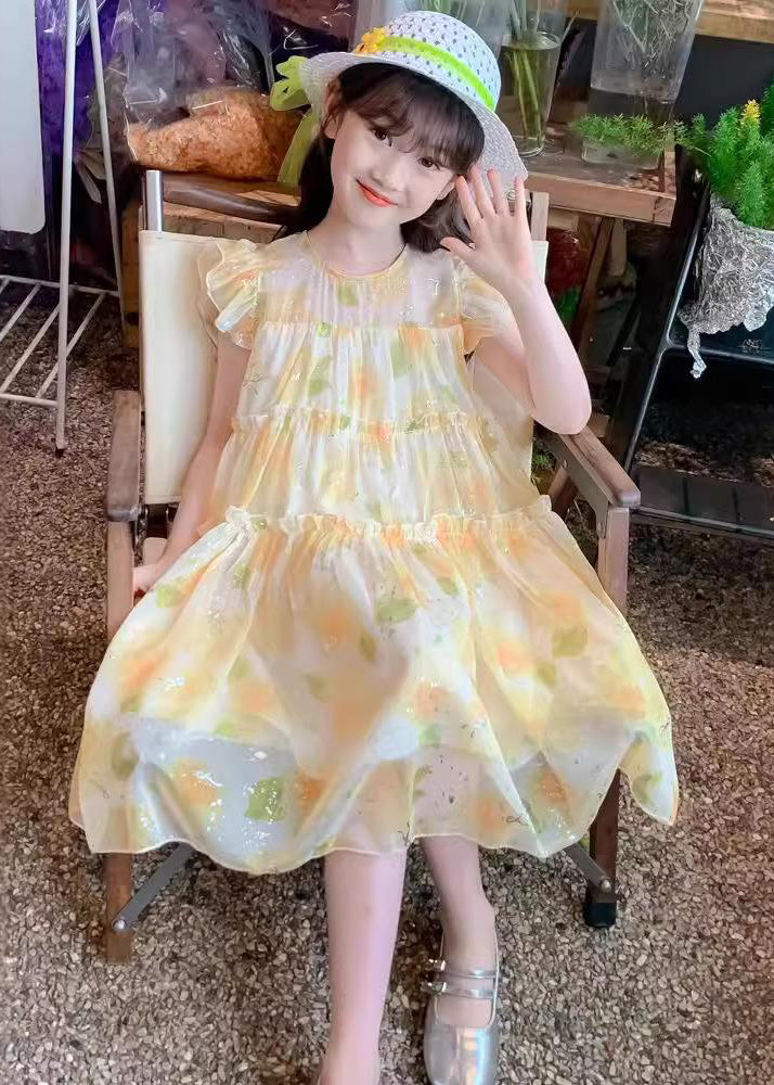 Cute Yellow O-Neck Ruffled Chiffon Girls Long Dress Summer TT021