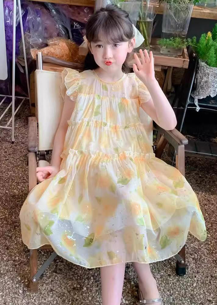 Cute Yellow O-Neck Ruffled Chiffon Girls Long Dress Summer TT021