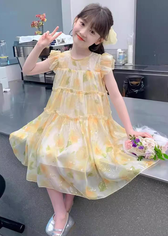 Cute Yellow O-Neck Ruffled Chiffon Girls Long Dress Summer TT021