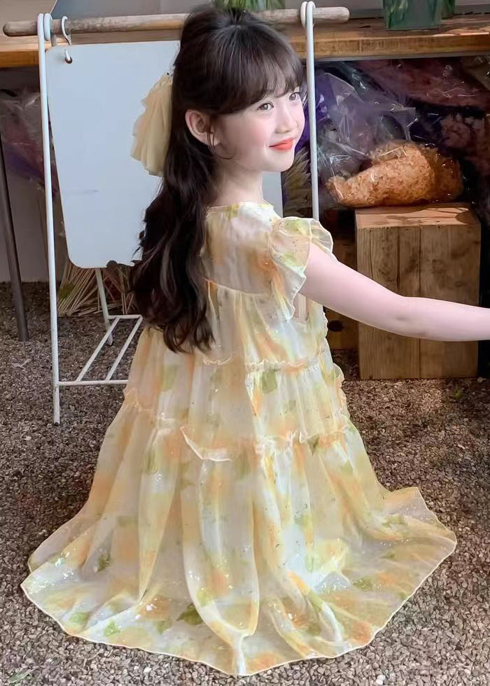 Süßes gelbes O-Ausschnitt Rüschen Chiffon Mädchen langes Kleid Sommer TT021