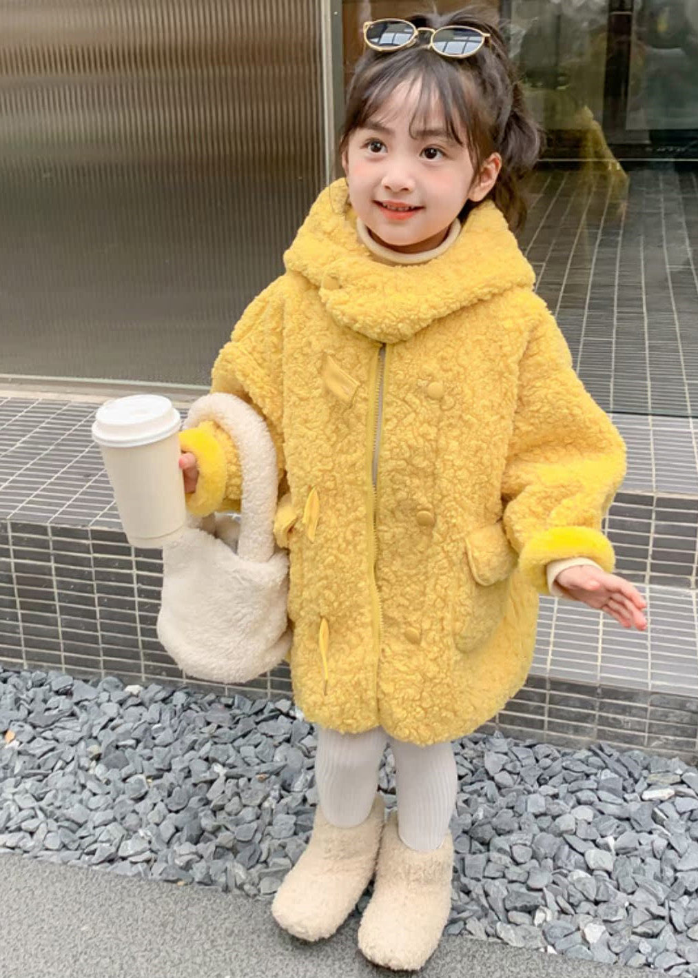 Manteau long en fausse fourrure pour enfants avec fermeture éclair jaune mignon en patchwork pour l'hiver WL029