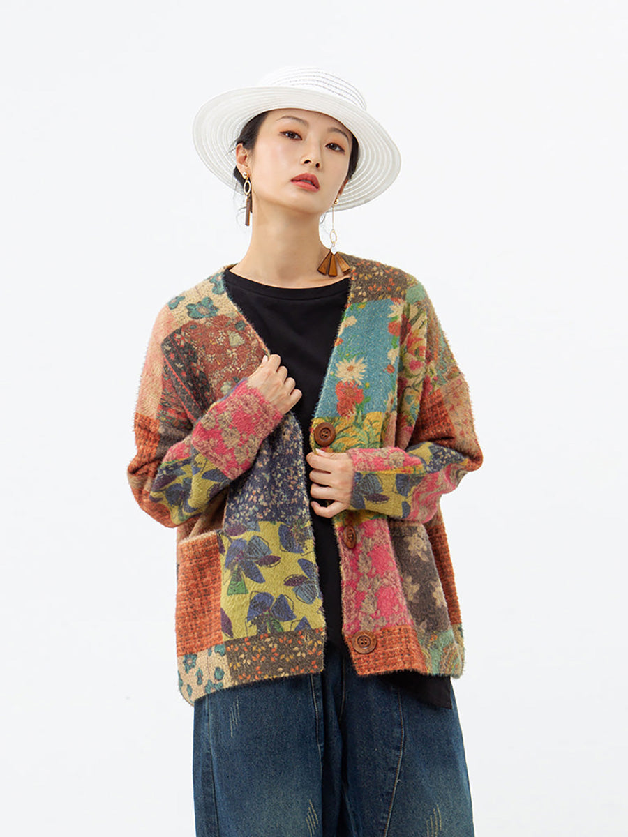 Plus Size Autumn Colorful Flower Knitted Floral Sweater Coat AS1048