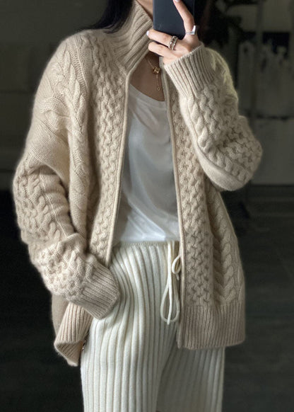 Manteau tricoté en laine beige décontracté avec fermeture éclair DIY OO016