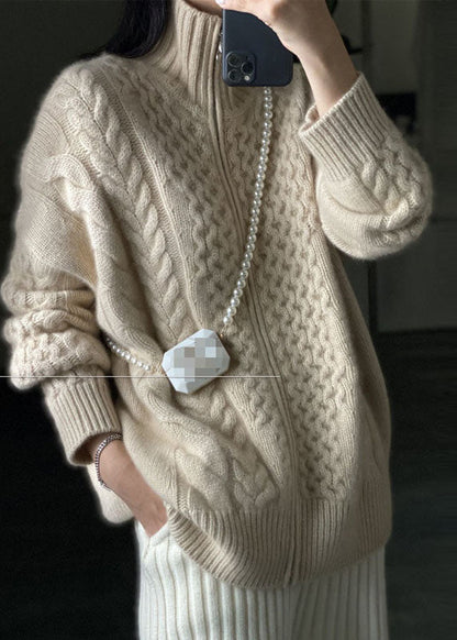 Manteau tricoté en laine beige décontracté avec fermeture éclair DIY OO016