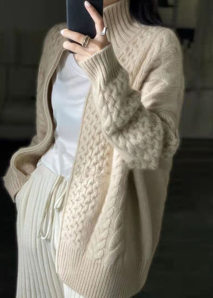 Manteau tricoté en laine beige décontracté avec fermeture éclair DIY OO016