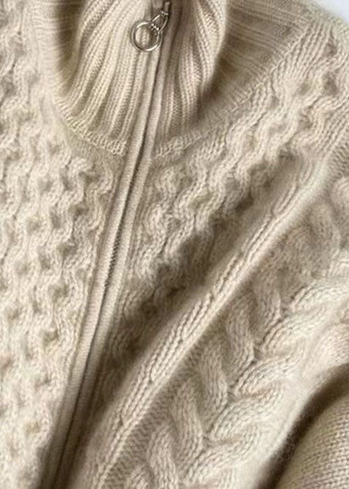 DIY Beige Reißverschluss Lässiger Woll-Strickmantel OO016