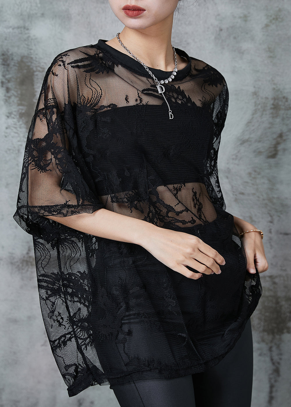 DIY Black Embroidered Tulle Shirt Top Summer AL1019