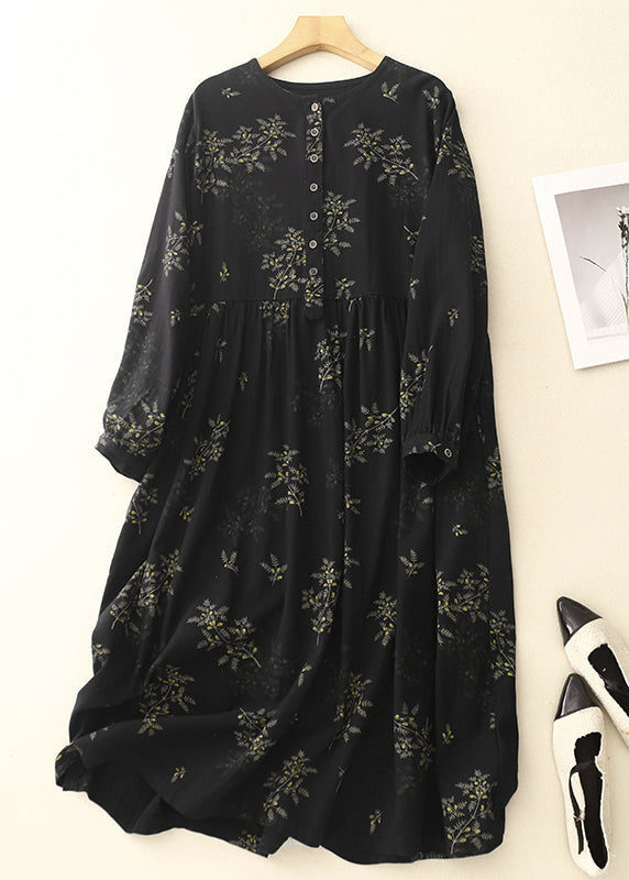 Print Maxi Frühling Leinen DIY Kleider Schwarz Übergroß