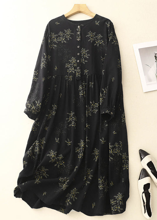 Print Maxi Frühling Leinen DIY Kleider Schwarz Übergroß