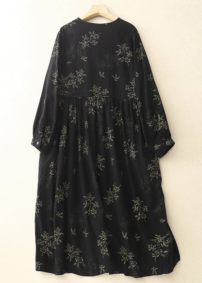 Print Maxi Frühling Leinen DIY Kleider Schwarz Übergroß
