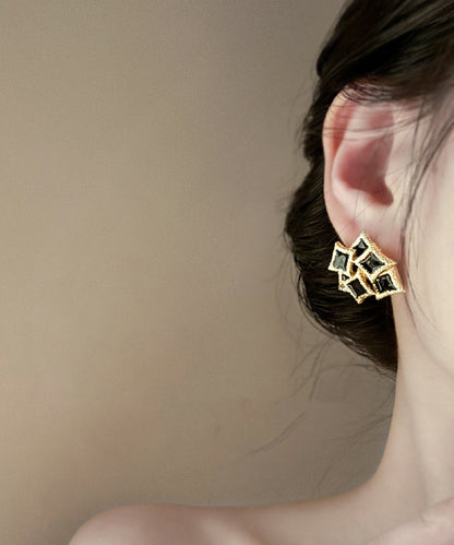 DIY Black Sterling Silver Overgild Drip Glaze Geometry Stud Earrings YX020