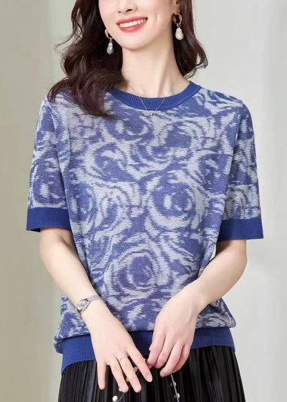 DIY Print Knit O-Neck Top Summer Blue