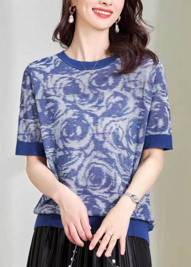 DIY Print Knit O-Neck Top Summer Blue
