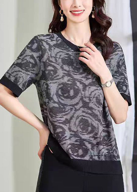 DIY Print Knit O-Neck Top Summer Blue