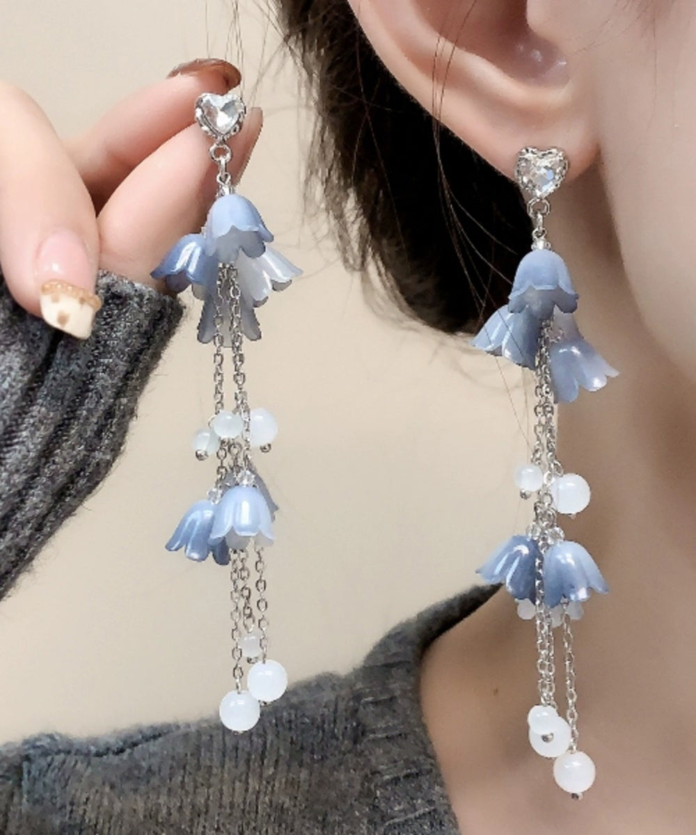 DIY Blue Sterling Silver Zircon Pearl Floral Tassel Drop Earrings KX1084