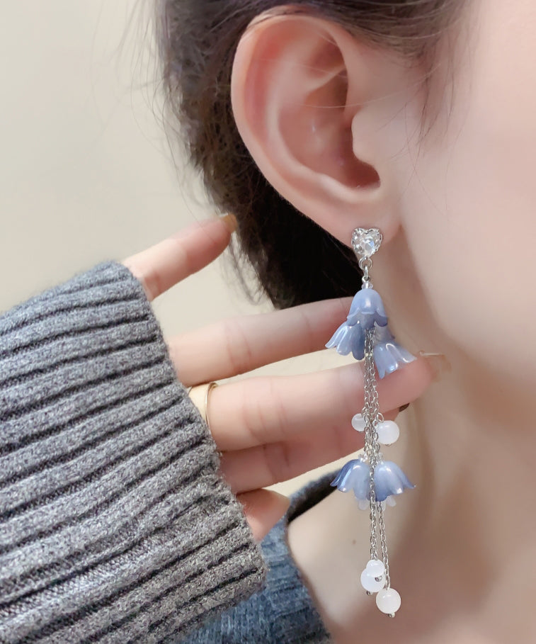 DIY Blue Sterling Silver Zircon Pearl Floral Tassel Drop Earrings KX1084