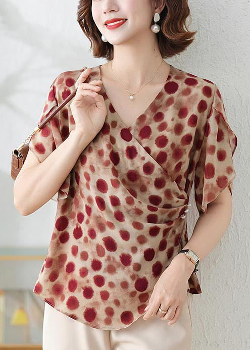 Shirts Print Rot Ziegel DIY Chiffon Sommer Asymmetrische