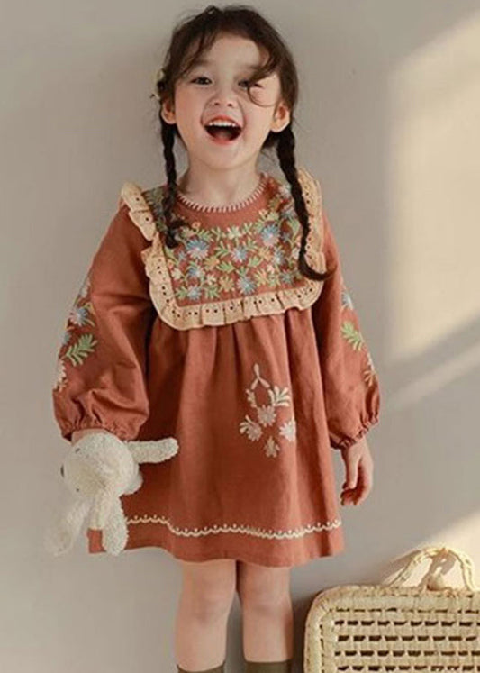 Robe mi-longue brodée rouge brique à faire soi-même pour enfants, automne SS1063