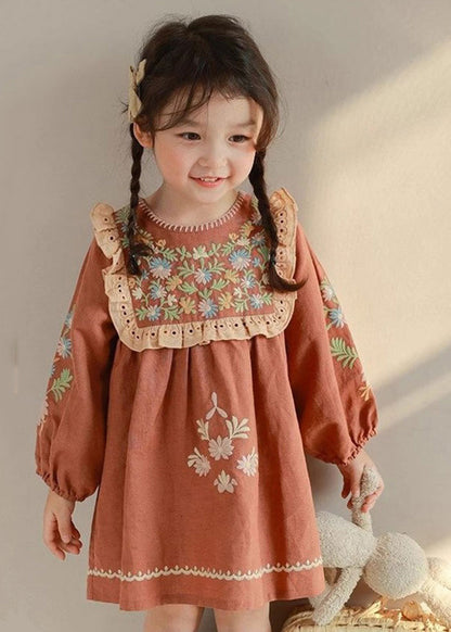 Robe mi-longue brodée rouge brique à faire soi-même pour enfants, automne SS1063