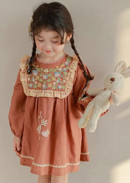 Robe mi-longue brodée rouge brique à faire soi-même pour enfants, automne SS1063