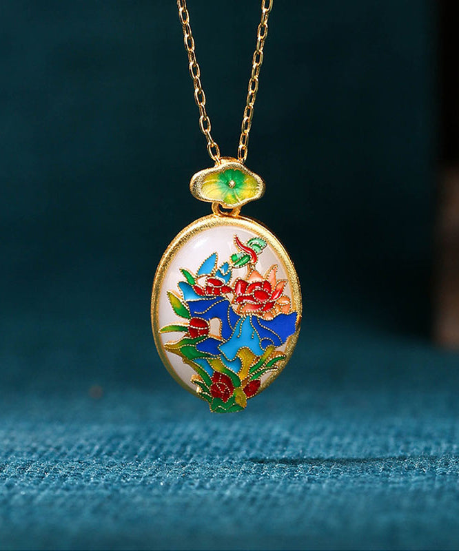 DIY Gold Ancient Gold Jade Enamel Floral Pendant Necklace KX1081