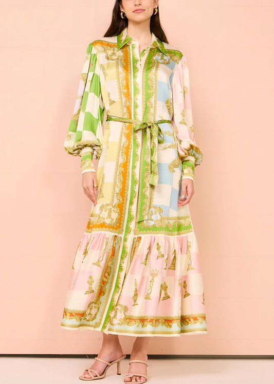 Krawattenknopf DIY Maxi Grünes Kleid Laternenkragen Peter Pan Taille