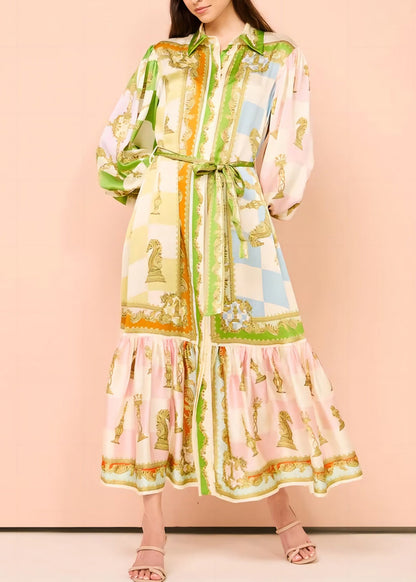 Krawattenknopf DIY Maxi Grünes Kleid Laternenkragen Peter Pan Taille