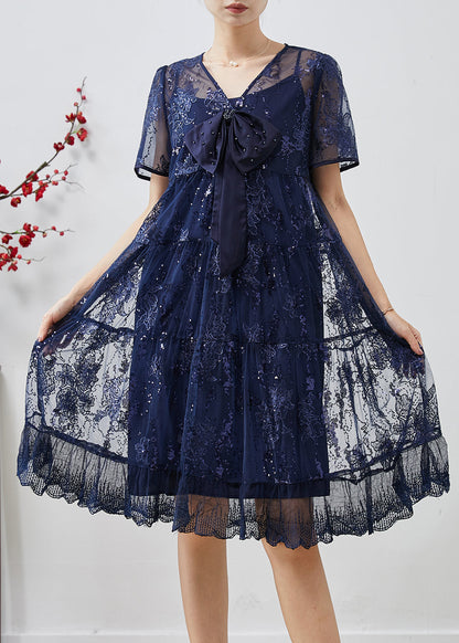 Robe d'été en tulle brodée à paillettes bleu marine à faire soi-même AP1066