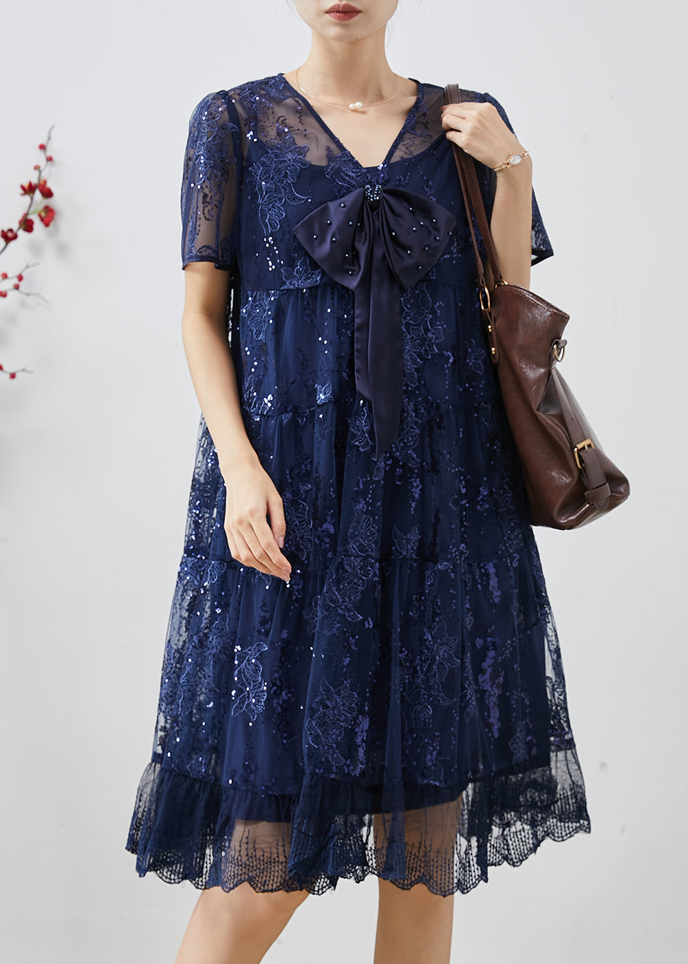 DIY Navy Sequins Embroidered Tulle Bow Dresses Summer AP1066