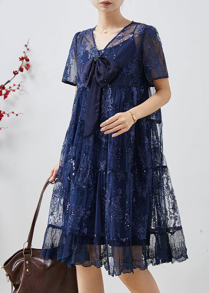 Robe d'été en tulle brodée à paillettes bleu marine à faire soi-même AP1066