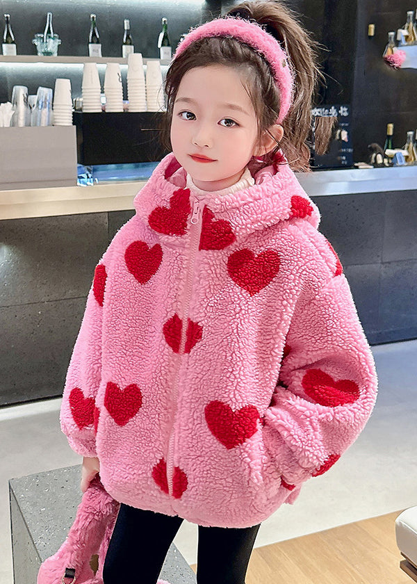 Parka à capuche en fausse fourrure rose à imprimé Love pour fille, hiver WL018