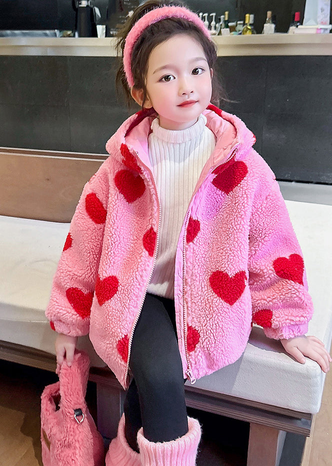 Parka à capuche en fausse fourrure rose à imprimé Love pour fille, hiver WL018