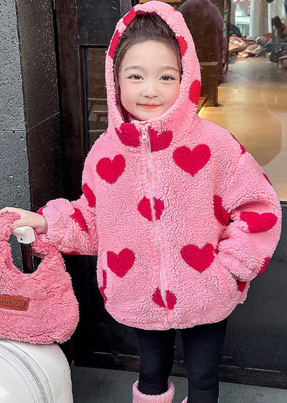 Parka à capuche en fausse fourrure rose à imprimé Love pour fille, hiver WL018