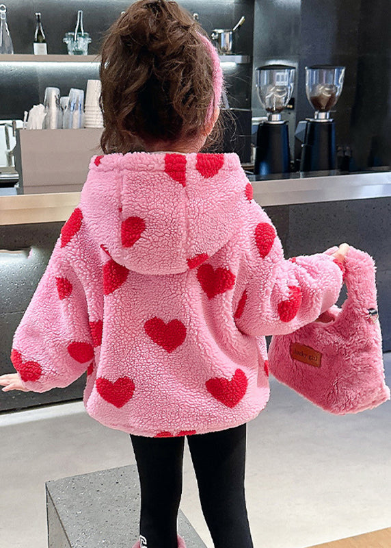 Parka à capuche en fausse fourrure rose à imprimé Love pour fille, hiver WL018