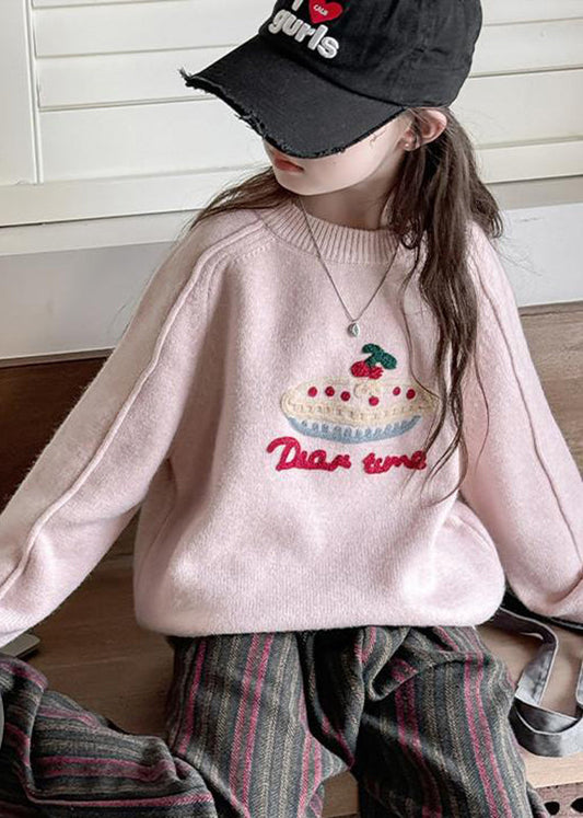 Pulls en tricot épais rose à col rond pour enfants, printemps TP030